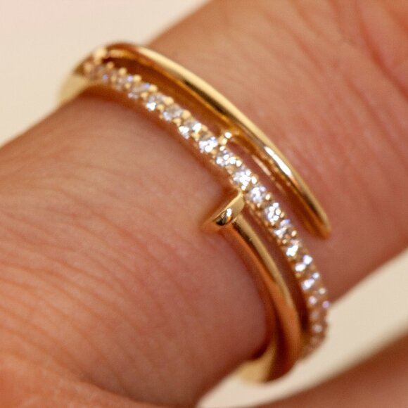 10K Yellow Gold Nail Ring, Dainty CZ Pave Ring, Size 7 - Picture 12 of 13